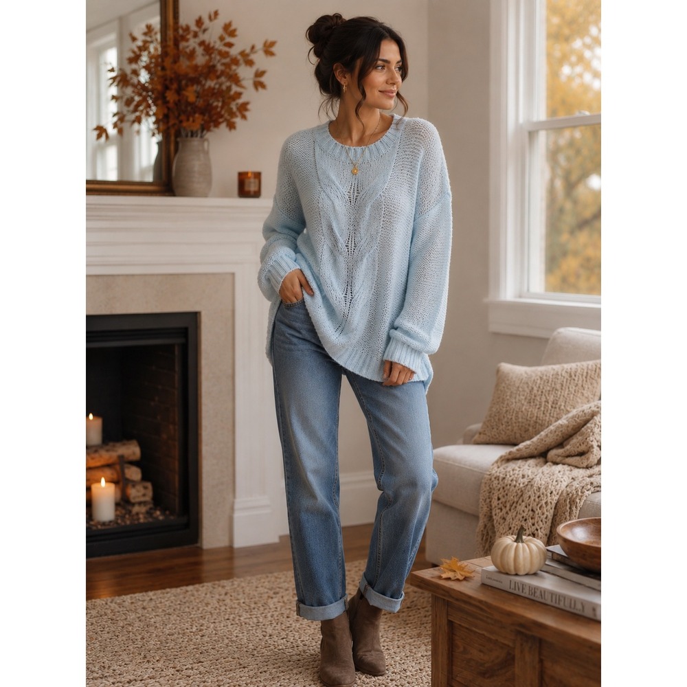 Aerie Women Light Blue Cable Knit Wool Blend Oversized Crewneck Sweater Small